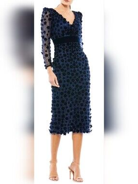 Mac Duggal 67856 Navy Embellished V-Neck Midi Dress Size 22